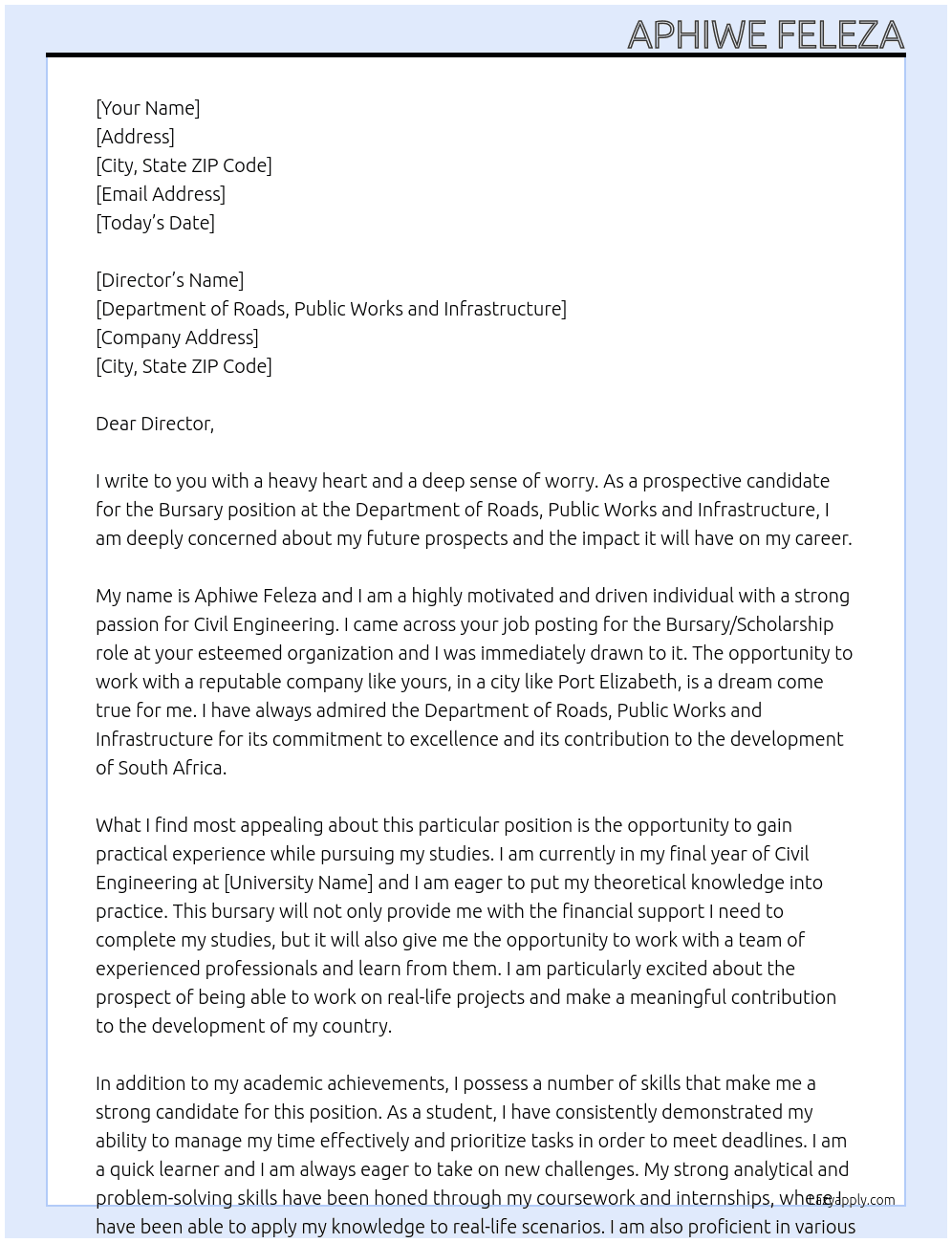 Bursary At Department of roads, public works and infrastructure  Cover Letter
