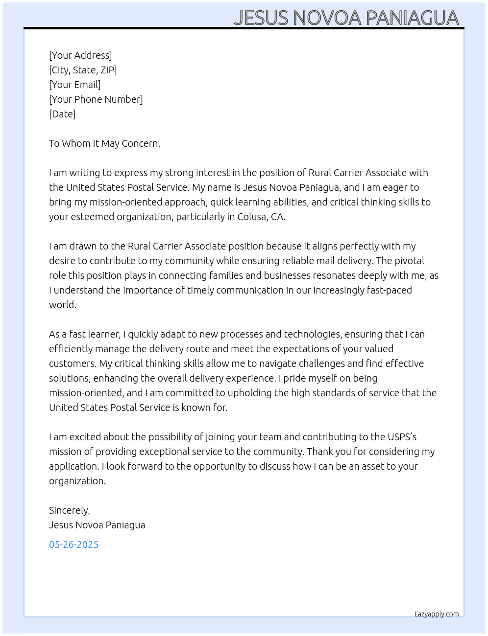 Rural Carrier Associate  At United States Postal Service Cover Letter