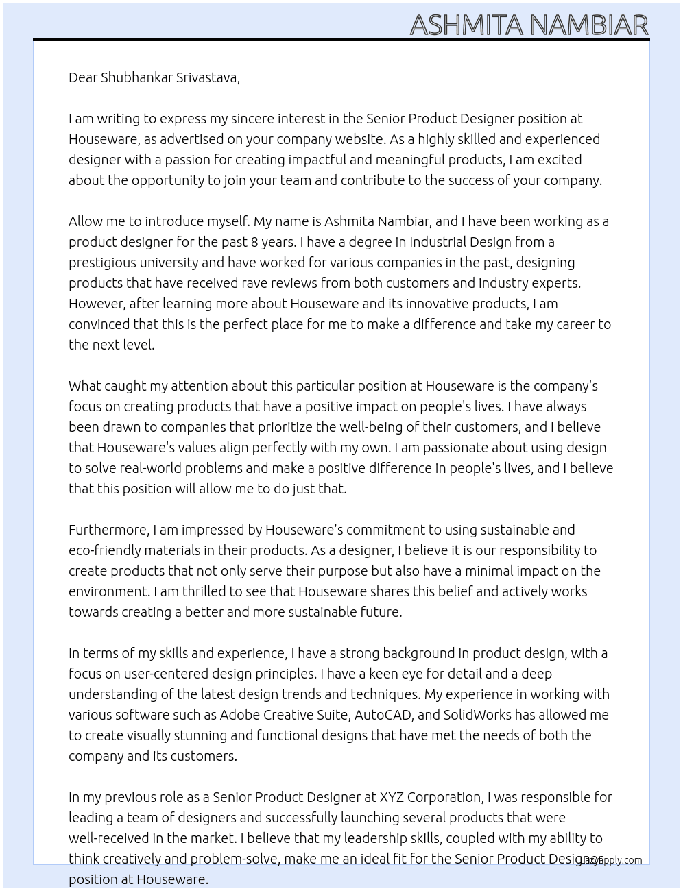 Senior Product Designer At Houseware Cover Letter