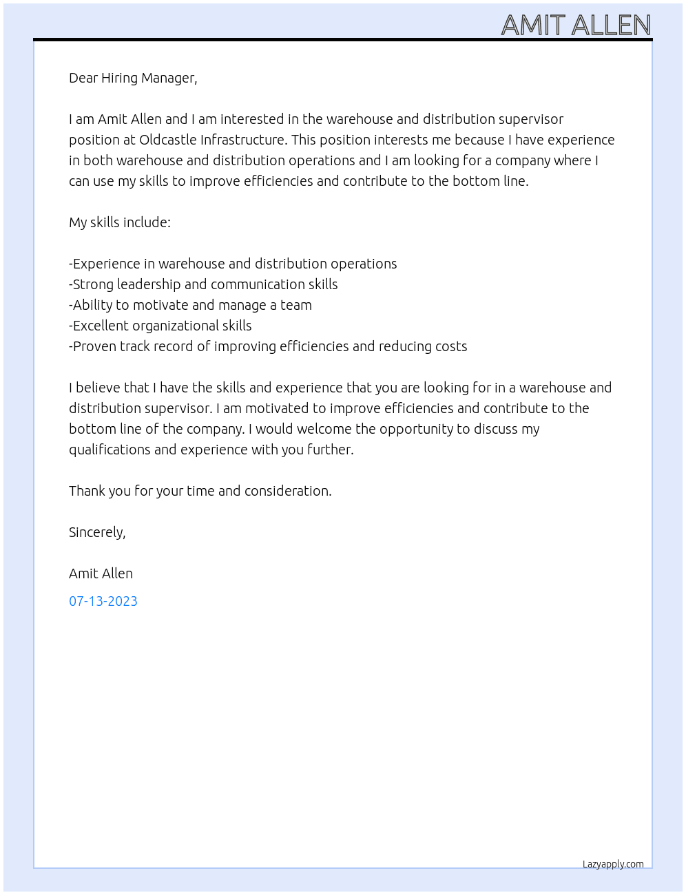 warehouse and distribution supervisor At Oldcastle Infrastructure Cover Letter