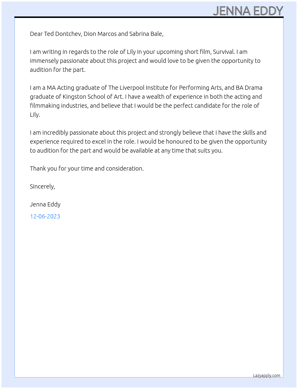 Actor At Survival short film Cover Letter