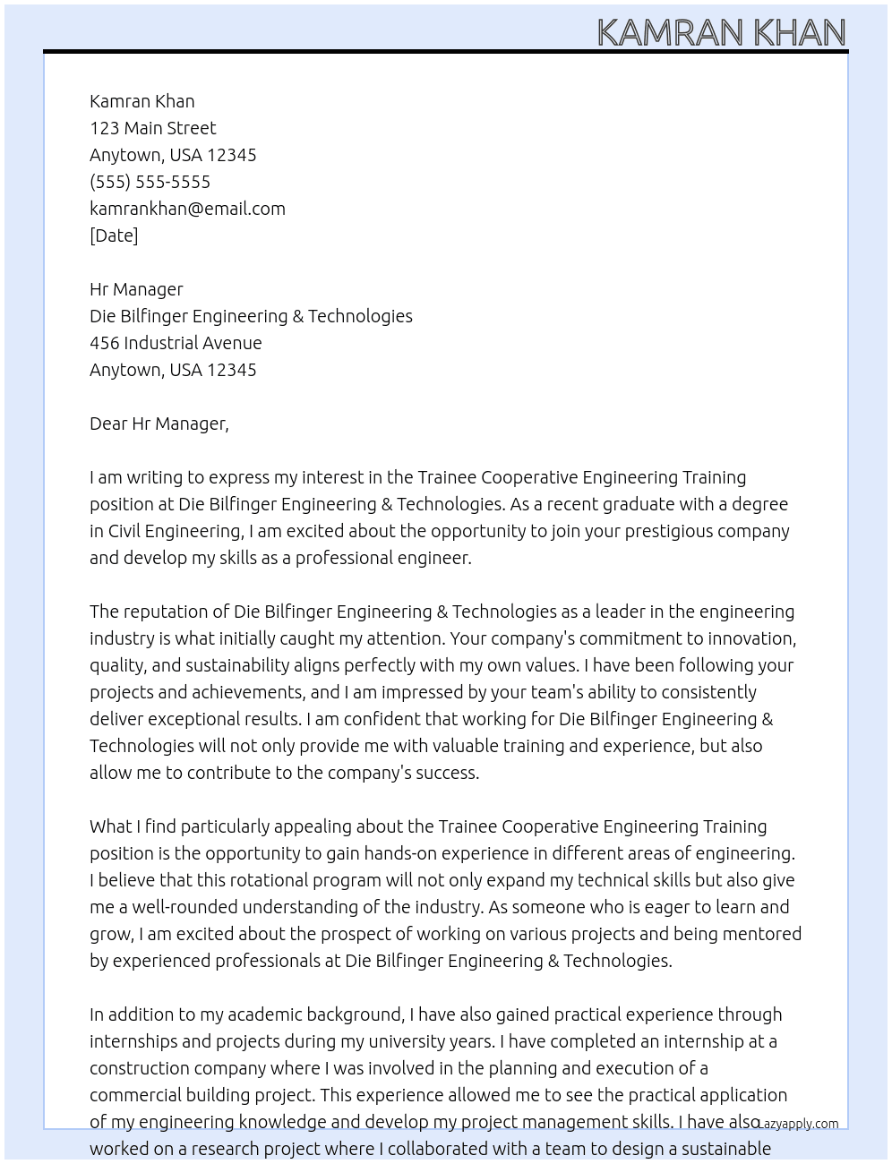 Trainee Cooperative Engineering Training At Die Bilfinger Engineering & Technologies Cover Letter