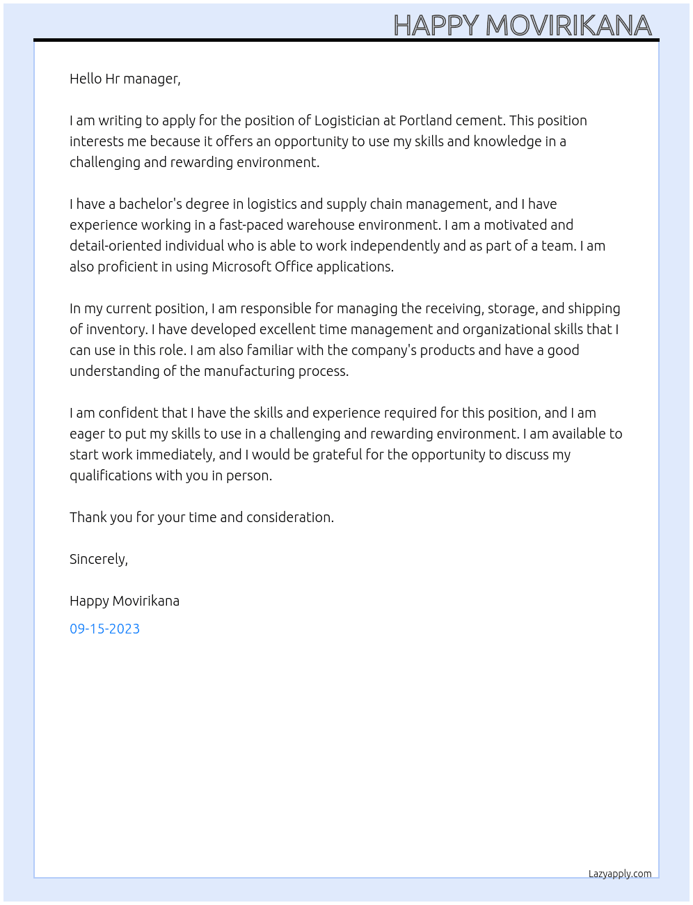 LOGISTICIAN  At Portland cement  Cover Letter
