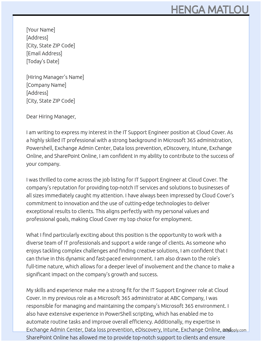 IT Support Engineer At Cloud Cover Cover Letter
