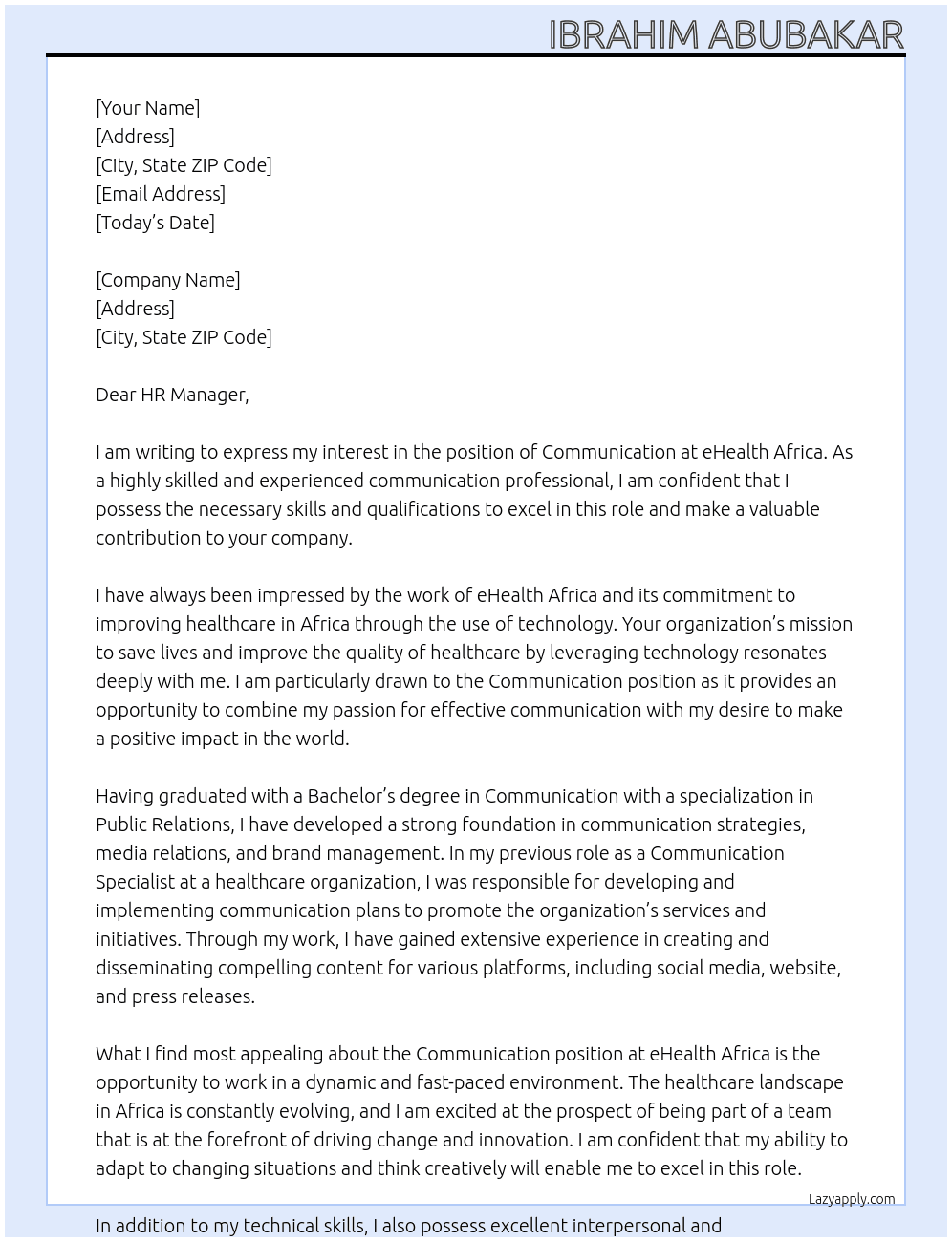 Communication At eHealth Africa Cover Letter