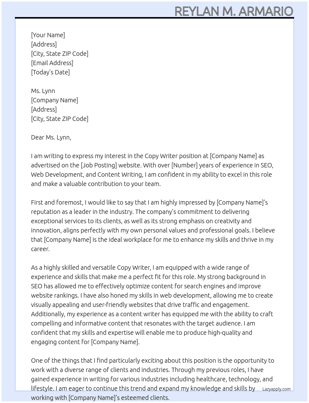 Copy Writer At Job posting Cover Letter