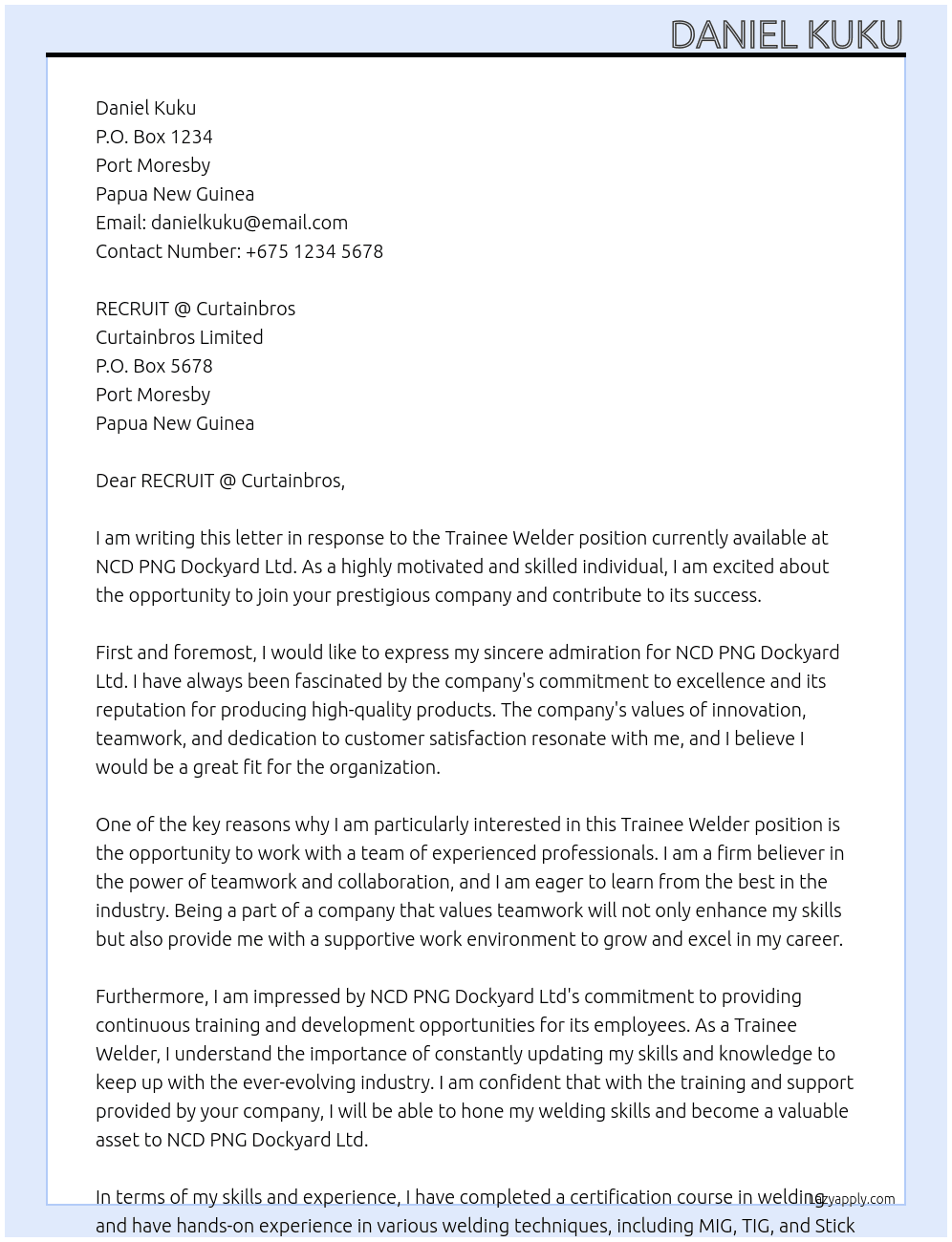 Cover letter for trainee welder - LazyApply