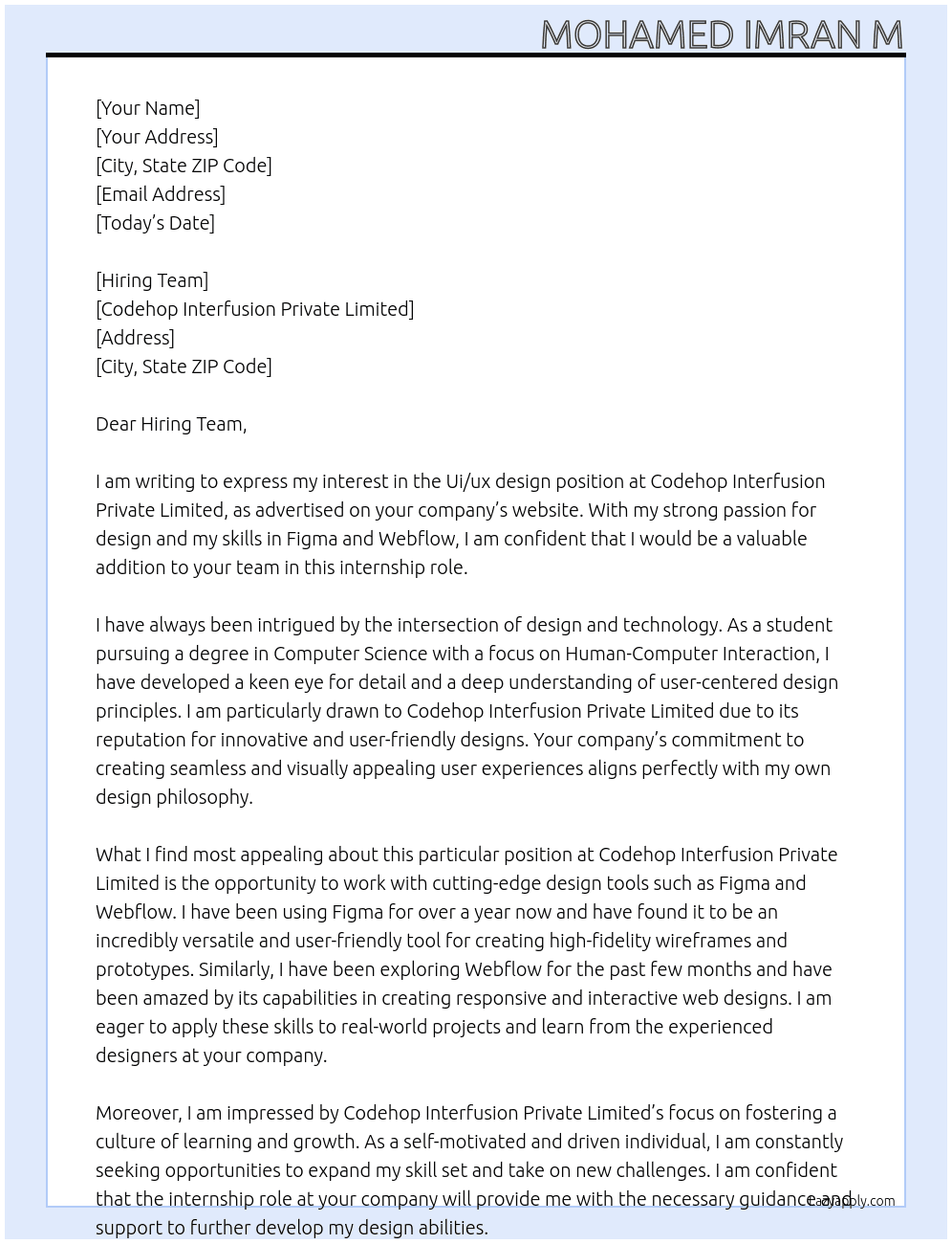 Ui/ux design At Codehop Interfusion Private Limited Cover Letter