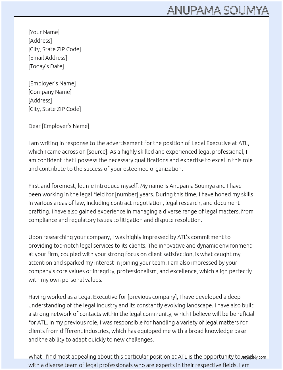 Legal executive At ATL Cover Letter