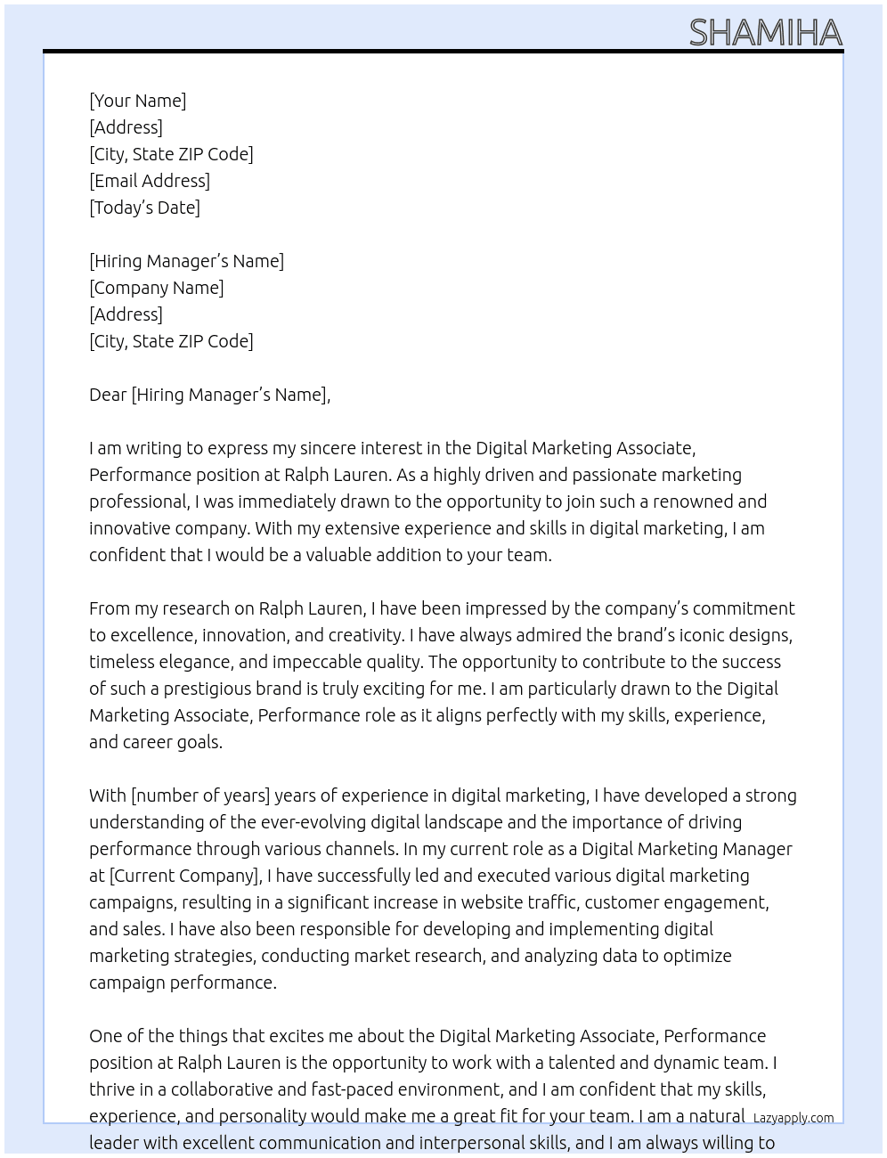Digital Marketing Associate, Performance At Ralph Lauren Cover Letter