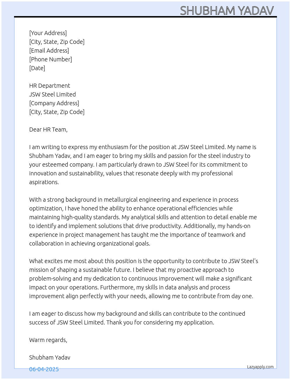 JSW steel Limited  At JSW steel Limited  Cover Letter