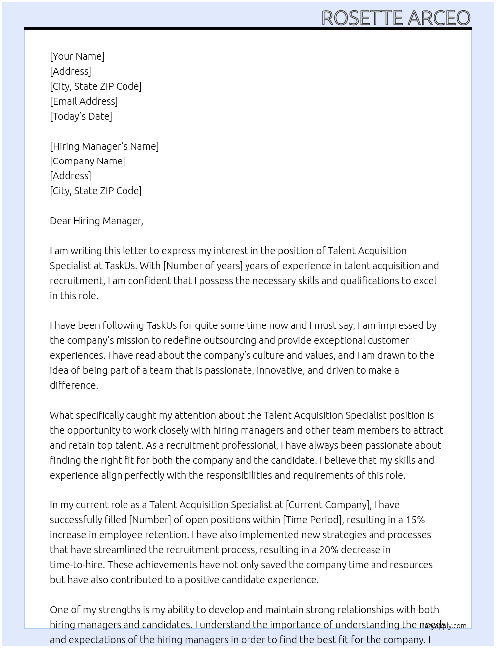 Talent Acquisition Specialist At TaskUs Cover Letter