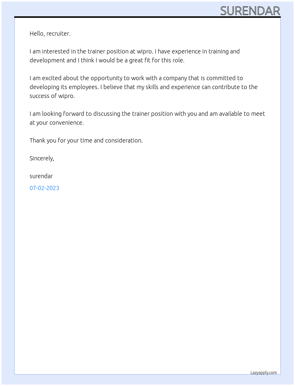 trainer At wipro Cover Letter