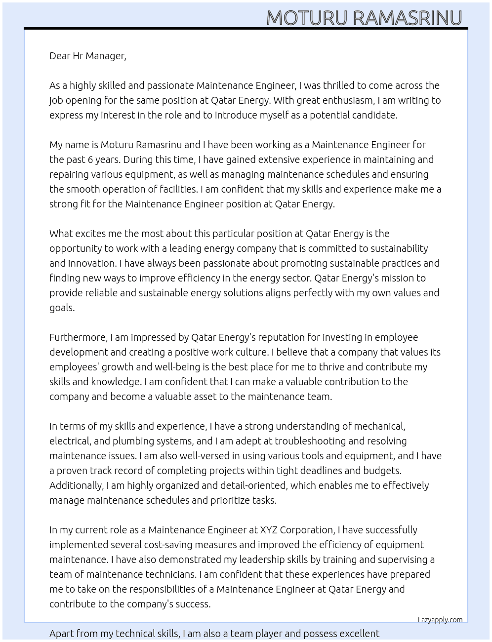 Maintenance engineer At Qatar energy  Cover Letter