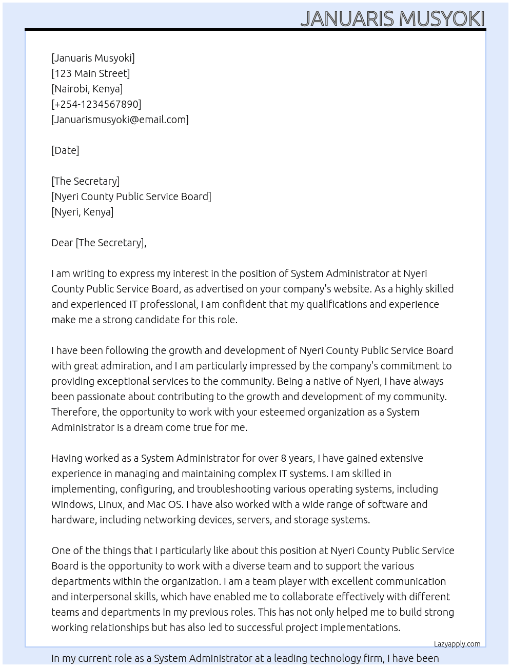 System administrator At Nyeri county public service board Cover Letter