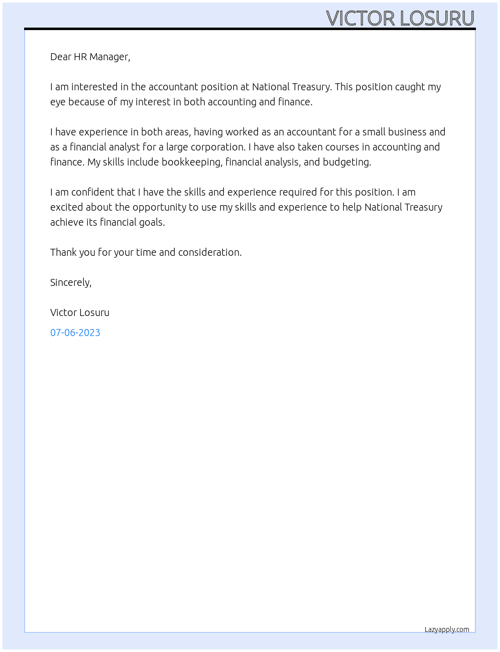 Accountant  At National Treasury Cover Letter