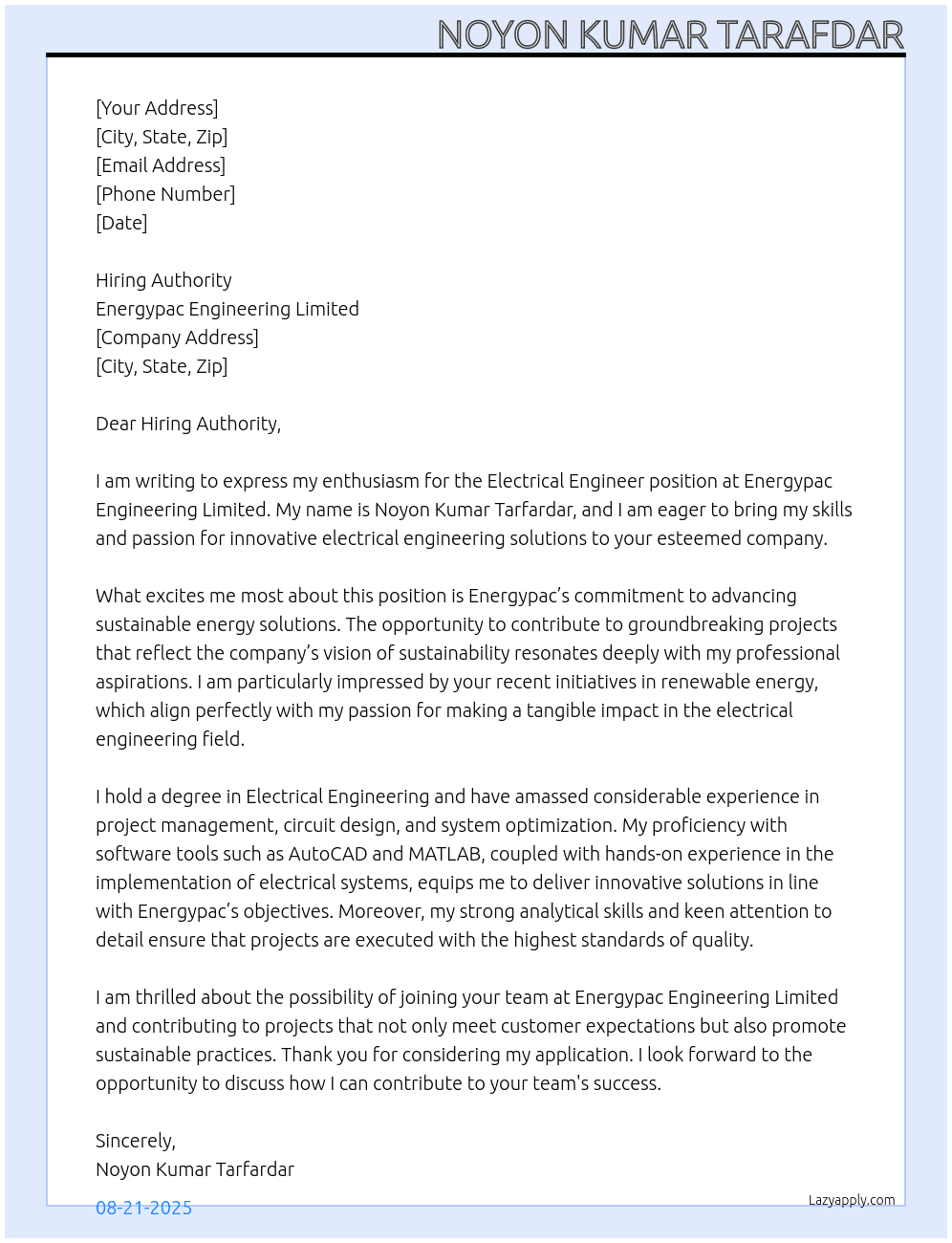 Electrical Engineer At Energypac Engineering Limited Cover Letter