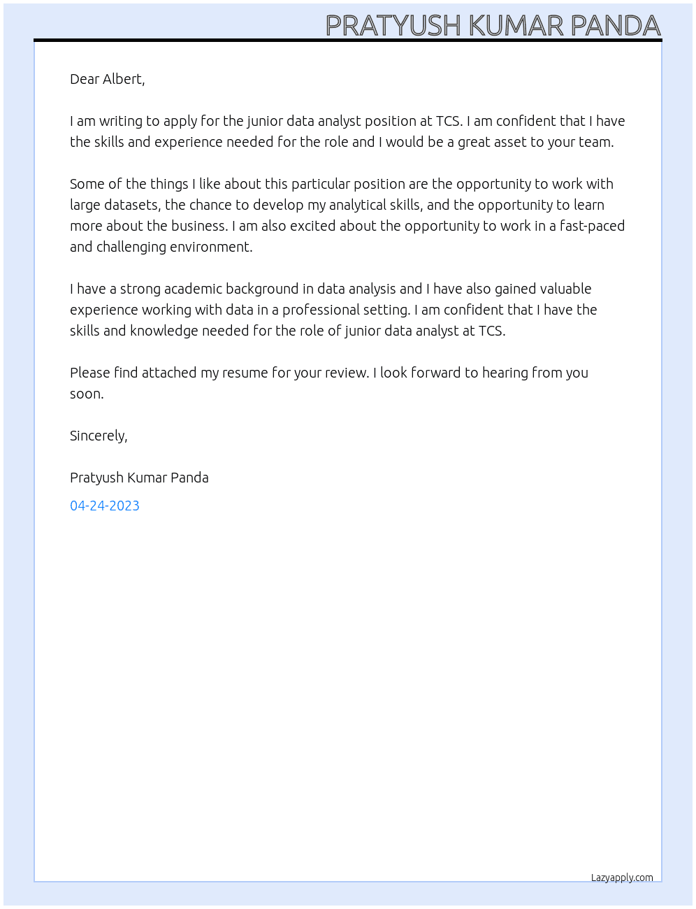 junior data analyst At TCS Cover Letter