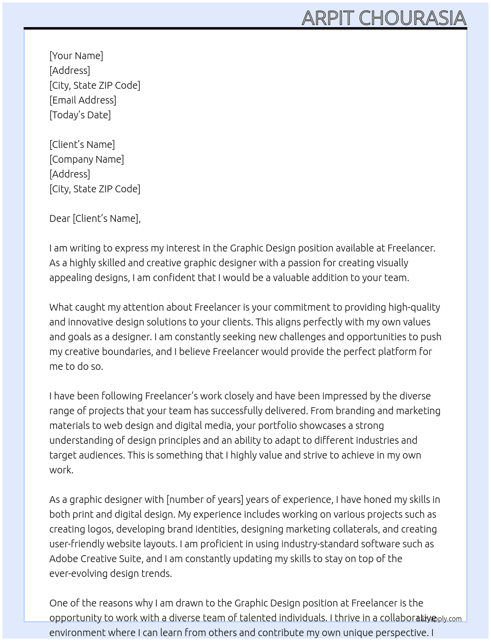 Graphic design At freelancer Cover Letter