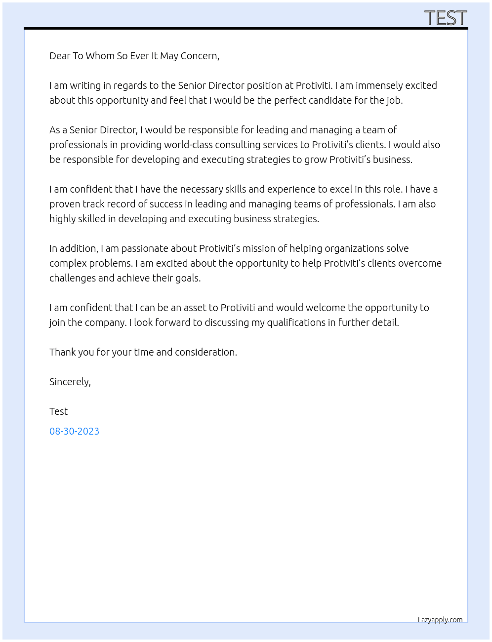 Senior Director At Protivti Cover Letter