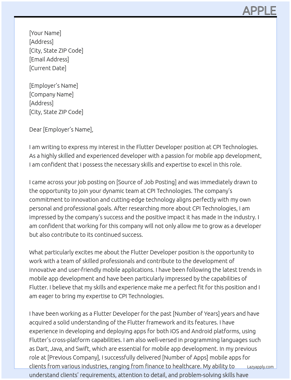 Flutter Developer At CPI Technologies Cover Letter