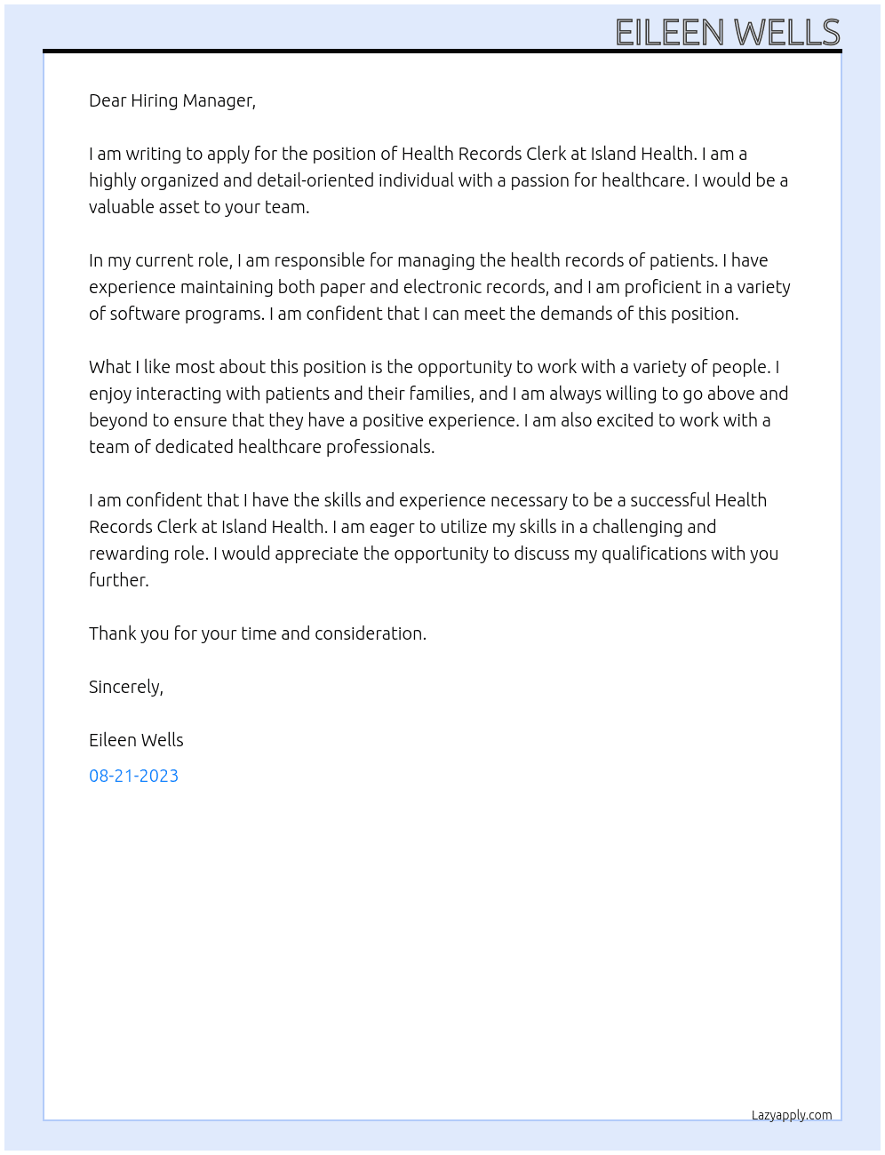 Health Records Clerk At Island  Health Cover Letter