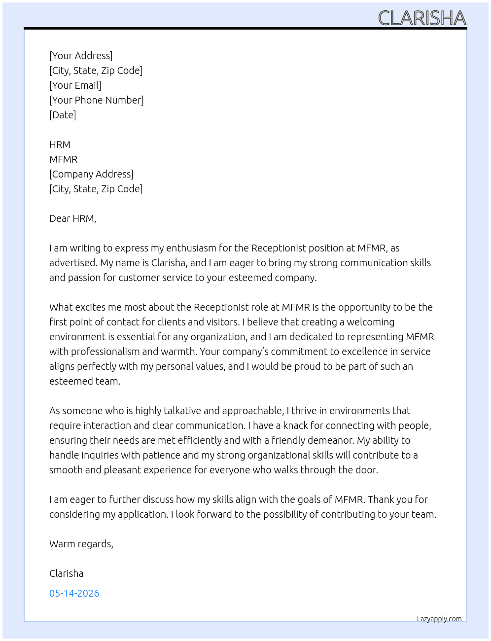 receptionist At MFMR Cover Letter