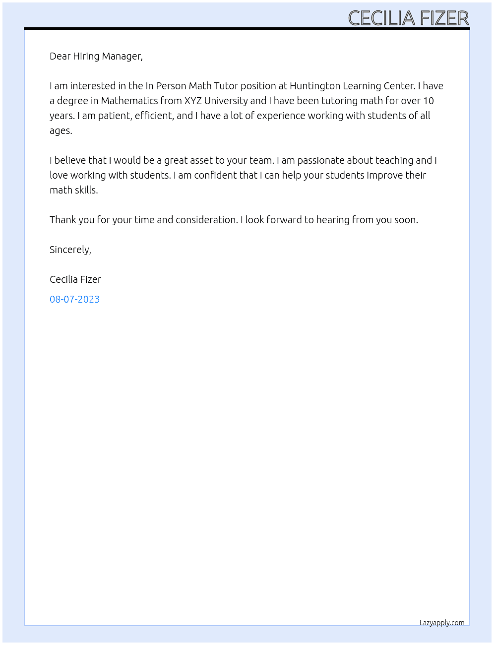 In Person Math Tutor At Huntington Learning Center Cover Letter
