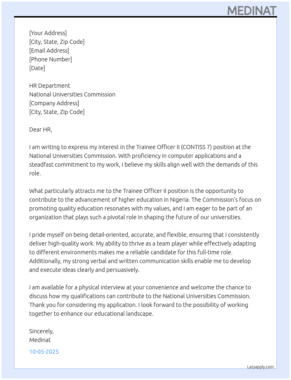 Trainee Officer II CONTISS 7 At National universities commisssion Cover Letter