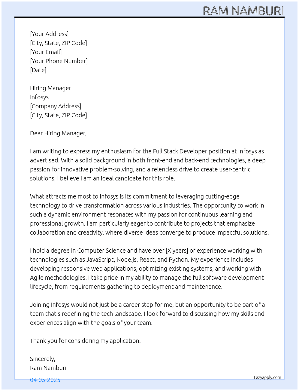 FUll Stack Developer At Infosys Cover Letter