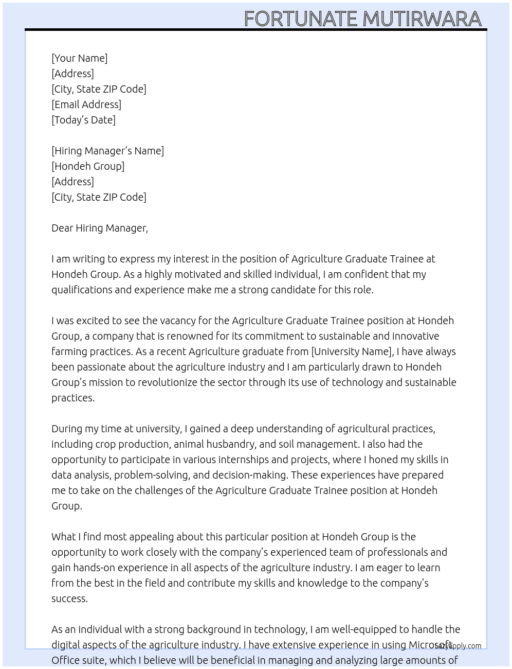 Cover letter for agriculture graduate trainee - LazyApply