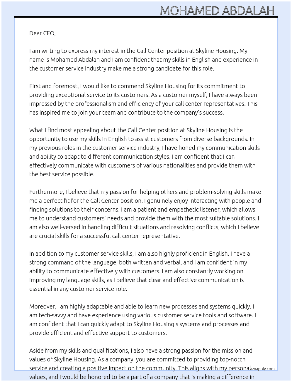 Call center  At Skyline Housing Cover Letter