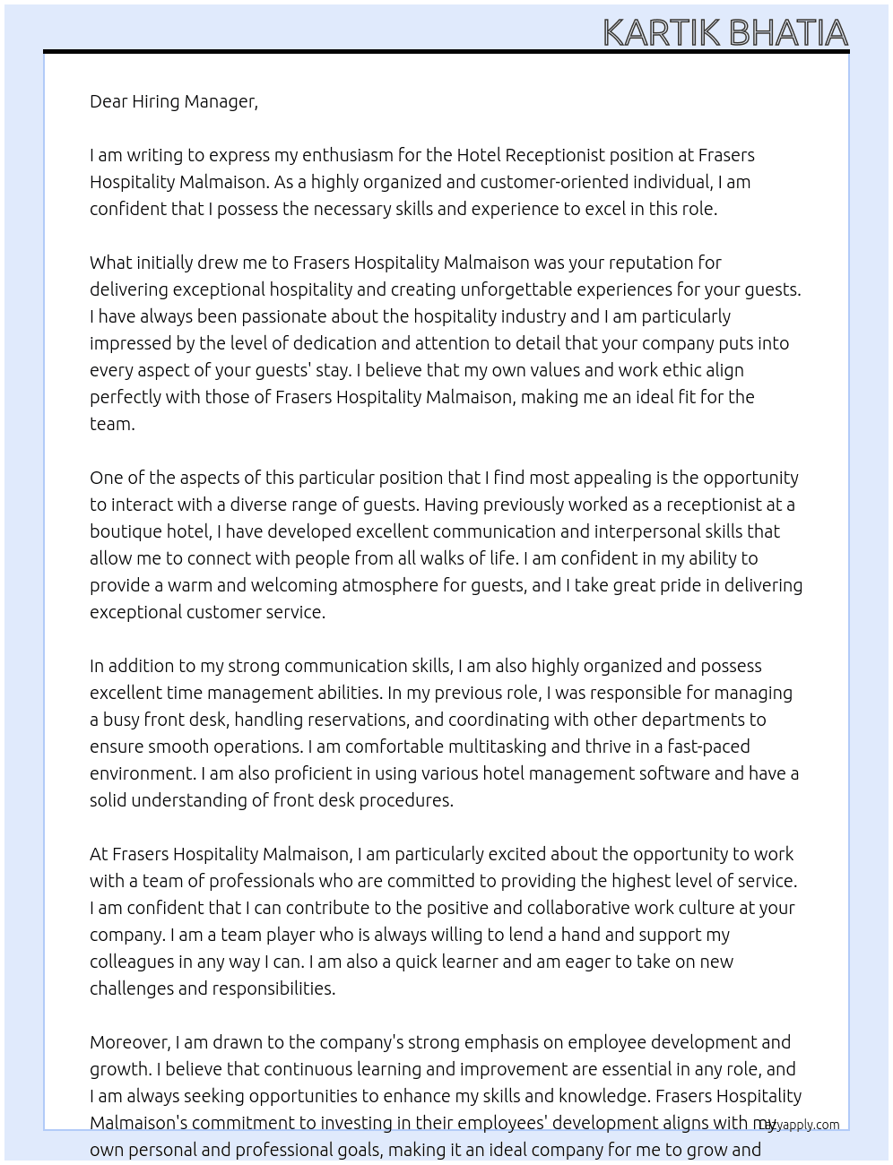 Hotel Receptionist At Frasers Hospitality  Malmaison Cover Letter