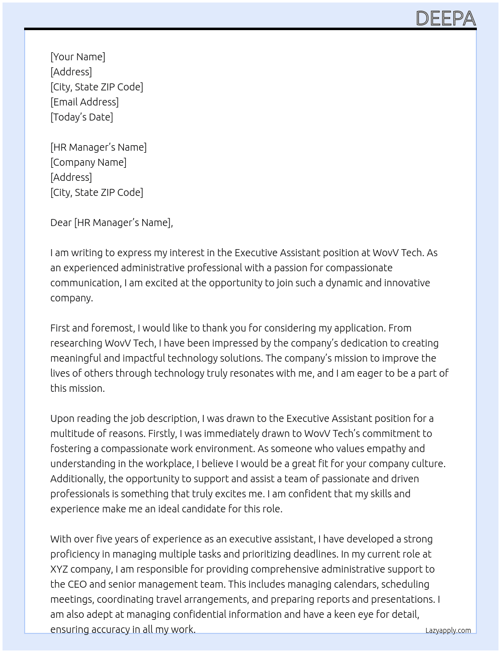 Executive assistant At  WovV Tech  Cover Letter