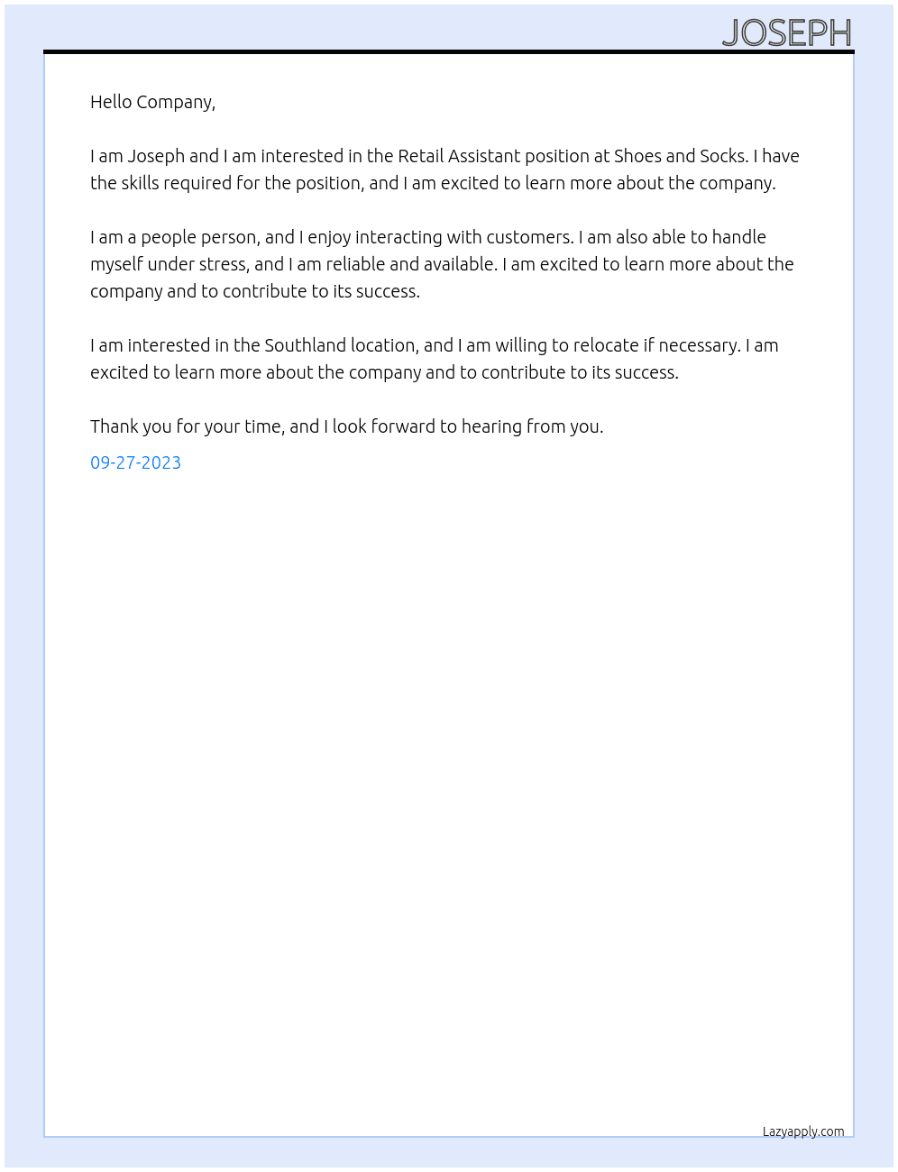 Retail assistant  At Shoes and Socks Cover Letter