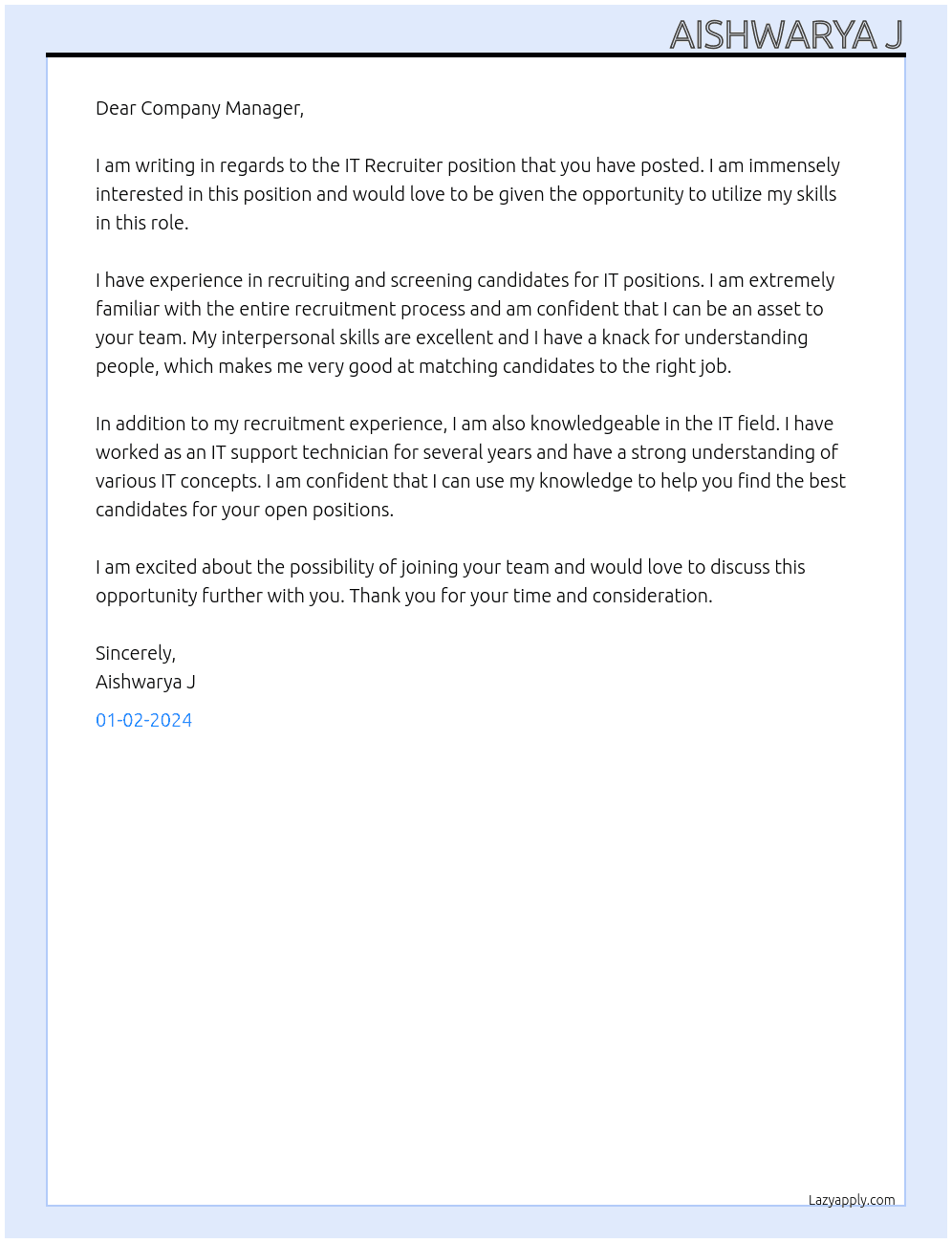 IT Recruiter At Internal Hiring Cover Letter