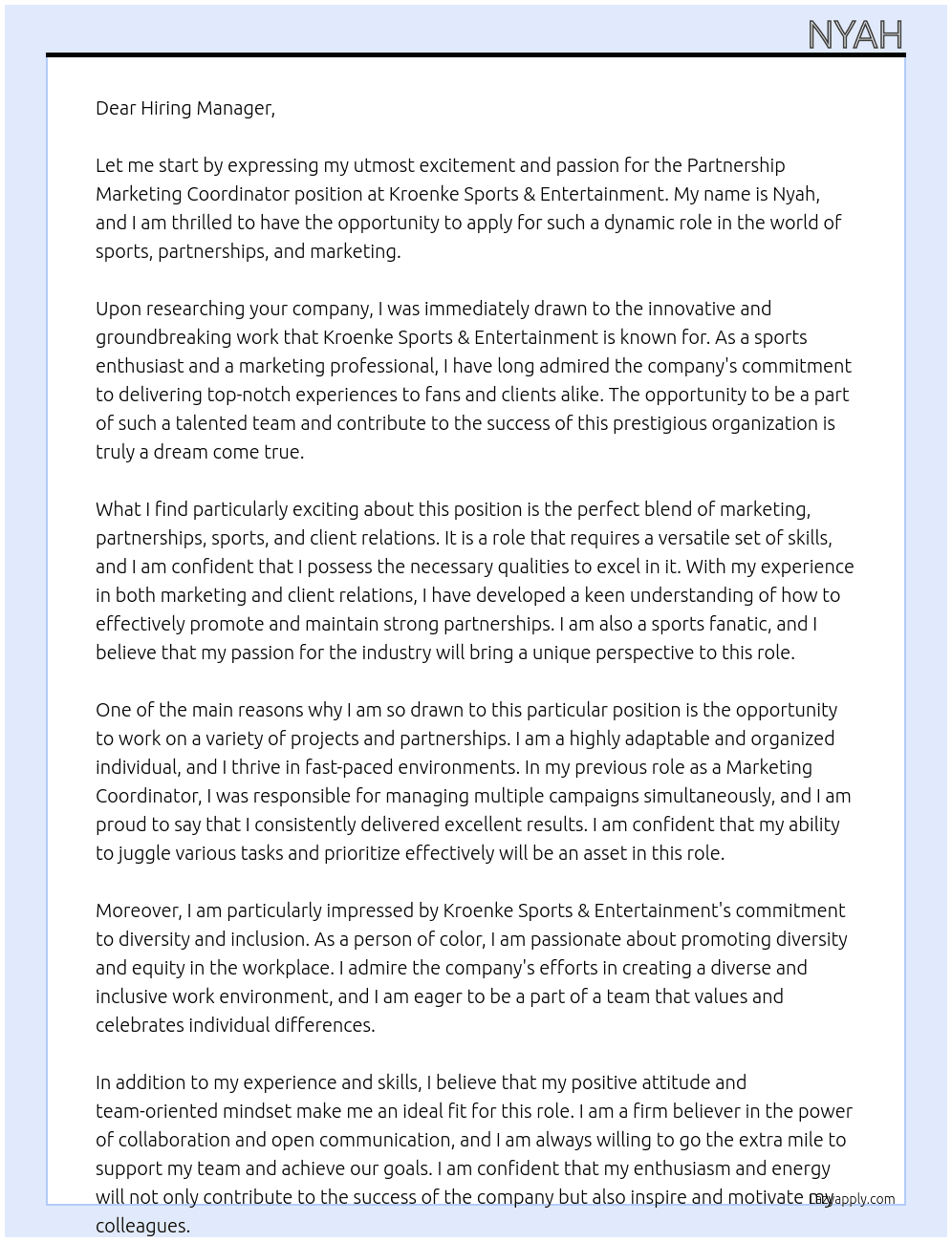 Partnership Marketing Coordinator  At Kroenke Sports & Entertainment  Cover Letter