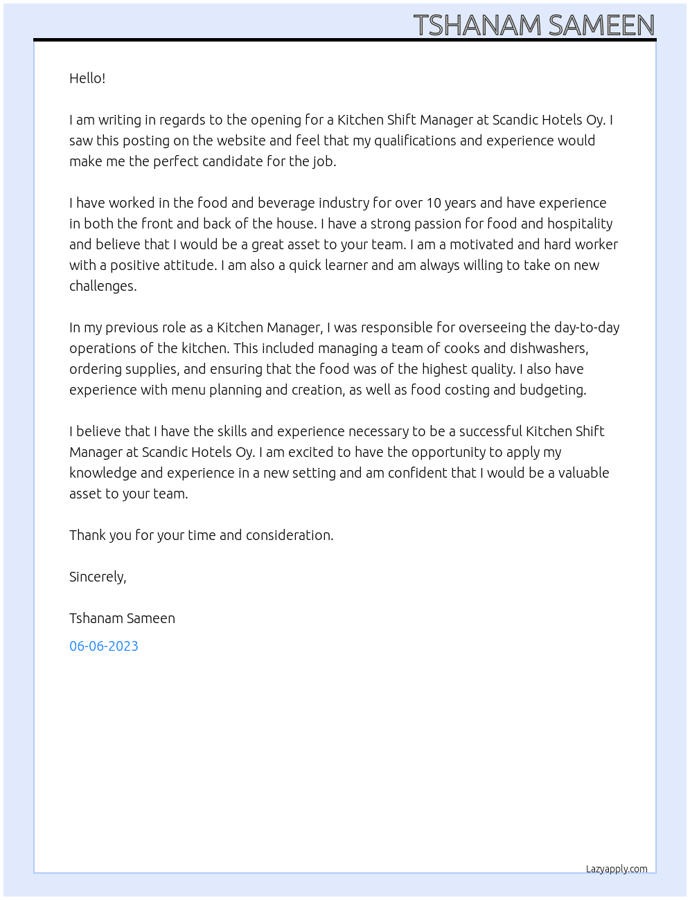 Kitchen Shift Manager At Scandic Hotels Oy Cover Letter