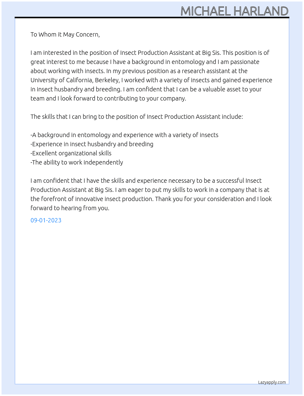 Insect Production Assistant At Big Sis Cover Letter
