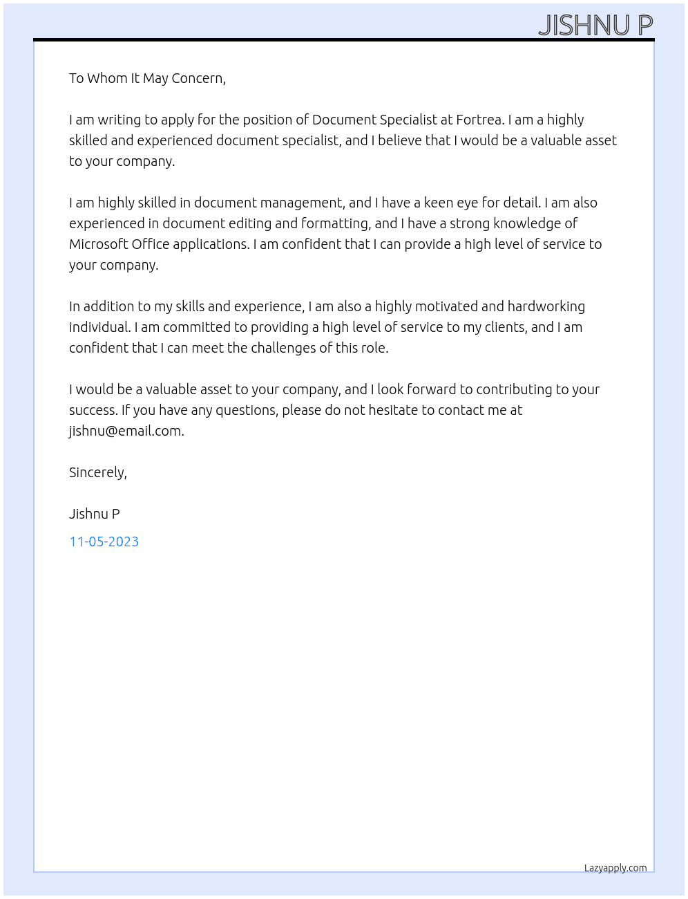 Document specialist  At Fortrea Cover Letter