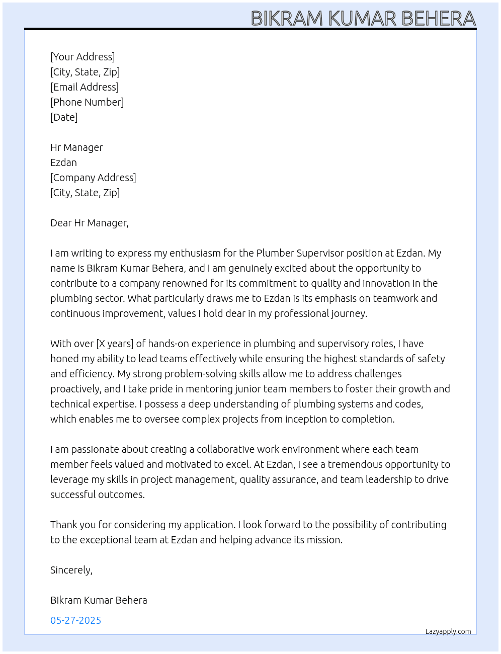 Plumber supervisor  At Ezdan Cover Letter