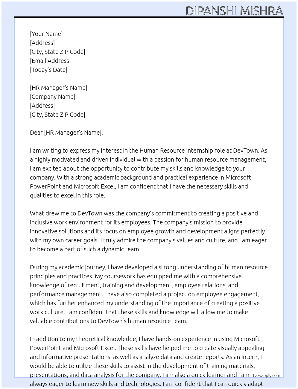 Human resource At DevTown  Cover Letter