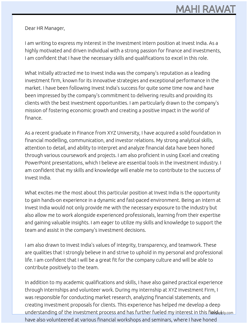 Investment Intern At Invest India Cover Letter