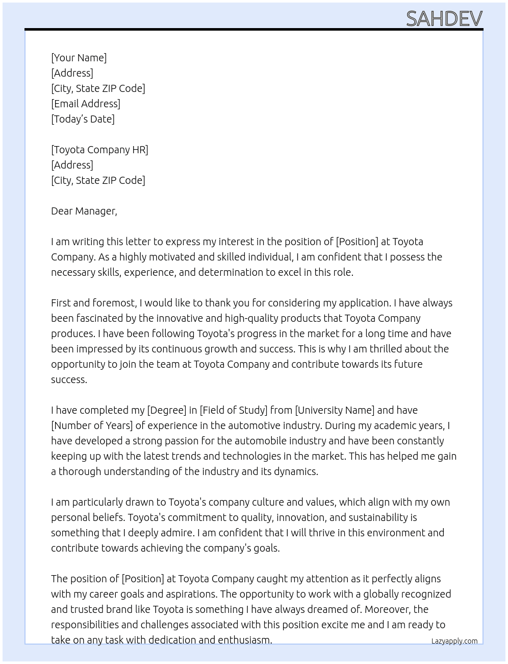 Toyota company At Toyota Company HR Cover Letter