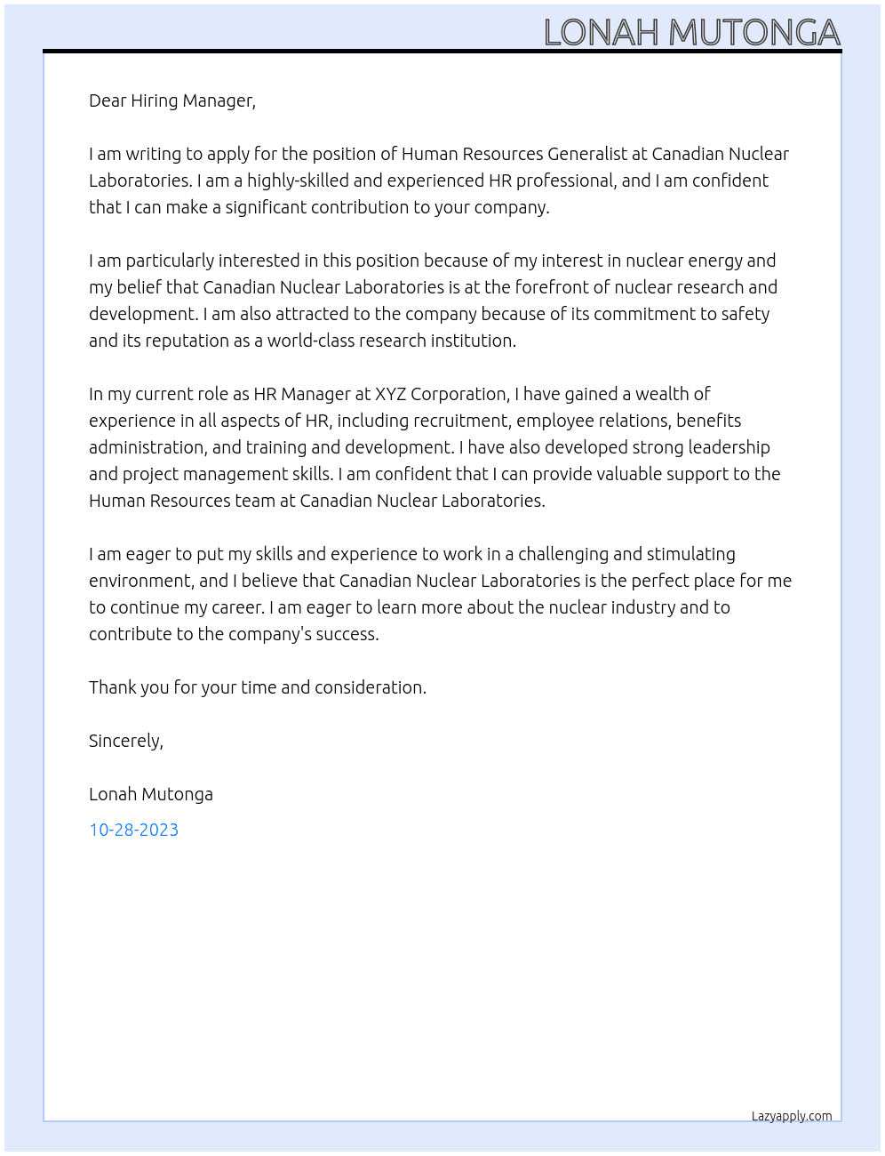 Human Resources Generalist At Canadian Nuclear Laboratories Cover Letter