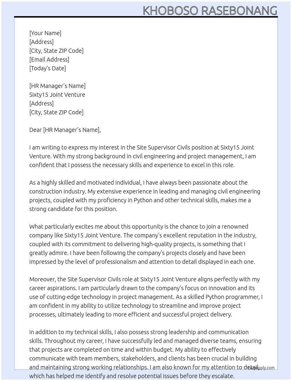 Cover letter for site supervisor civils - LazyApply