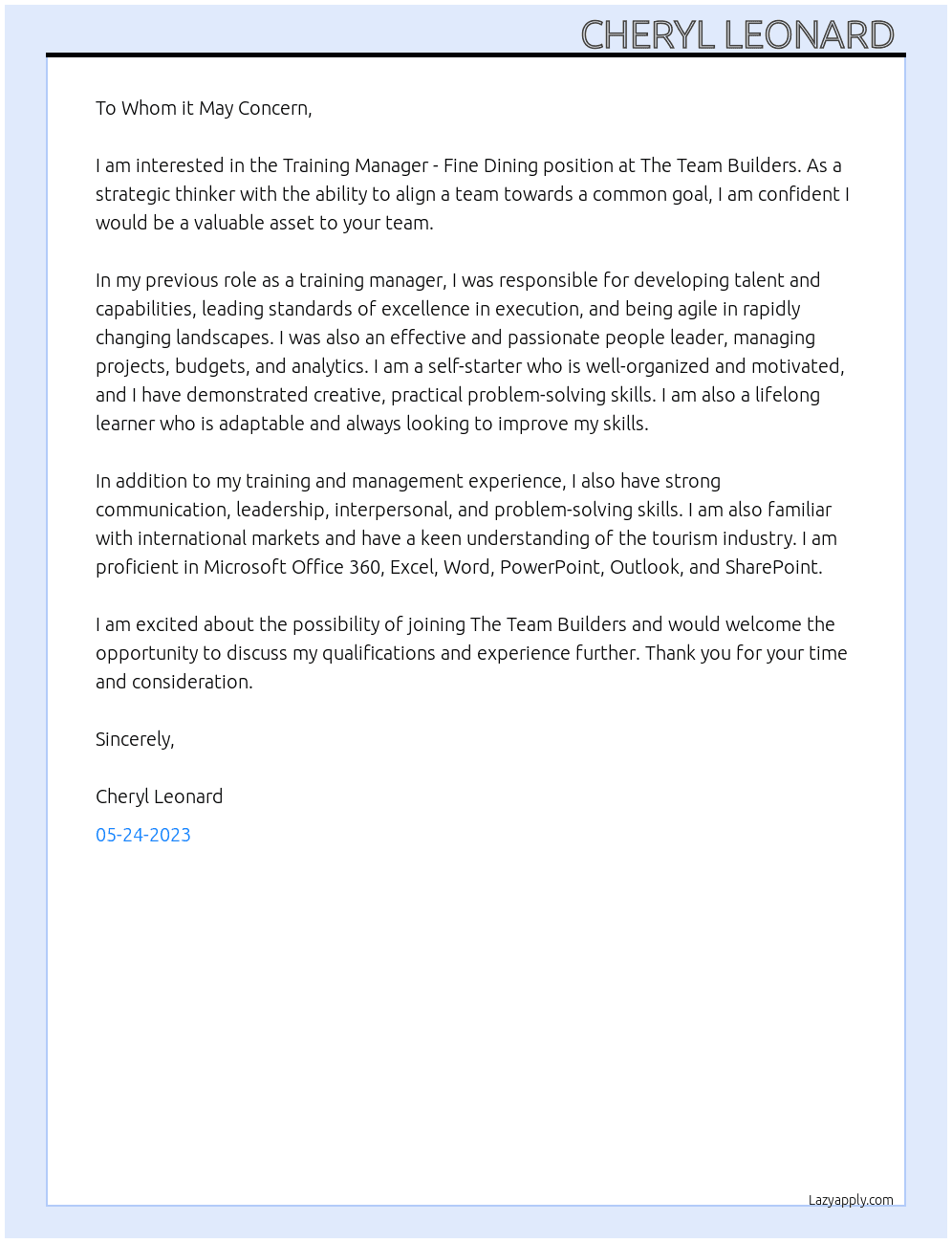 Training Manager - Fine Dining  At The Team Builders  Cover Letter