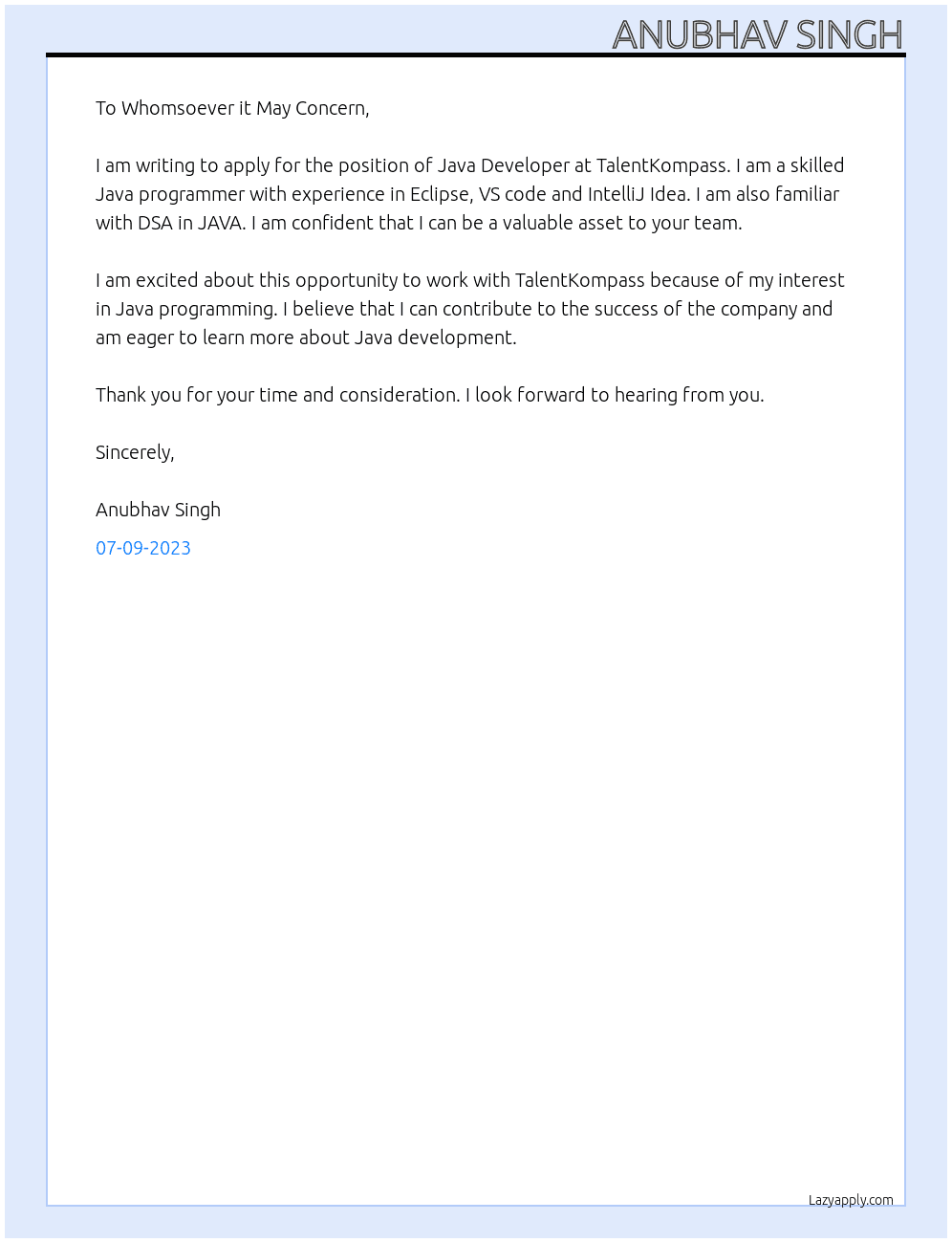 Java Developer At TalentKompass Cover Letter