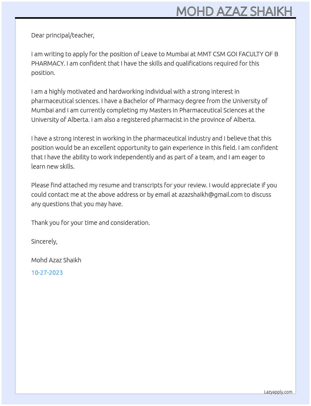 Leave to Mumbai At MMT CSM GOI FACULTY OF B PHARMACY  Cover Letter