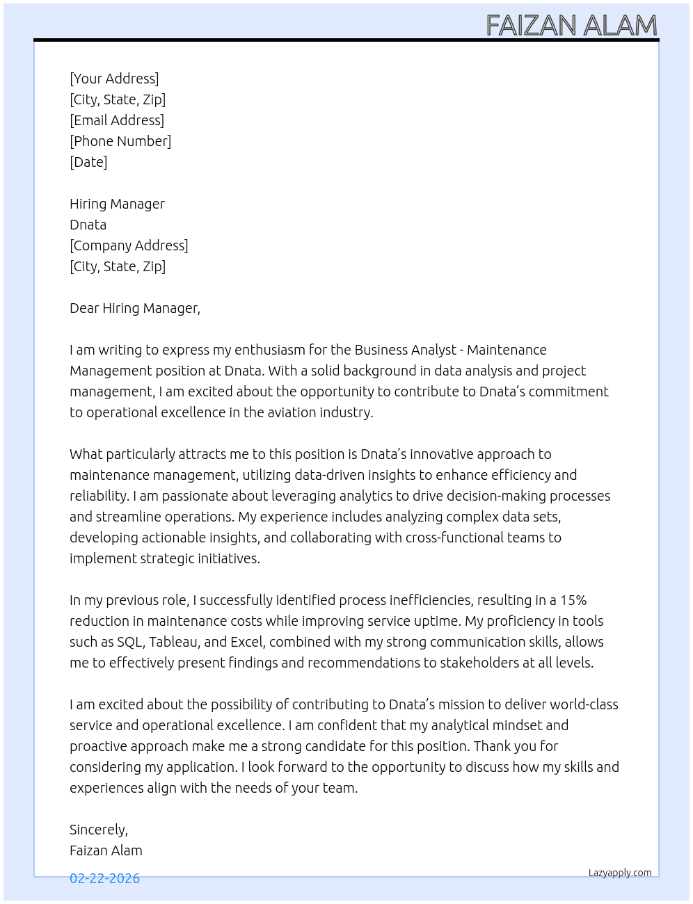 Business Analyst- Maintenance Management At Dnata Cover Letter